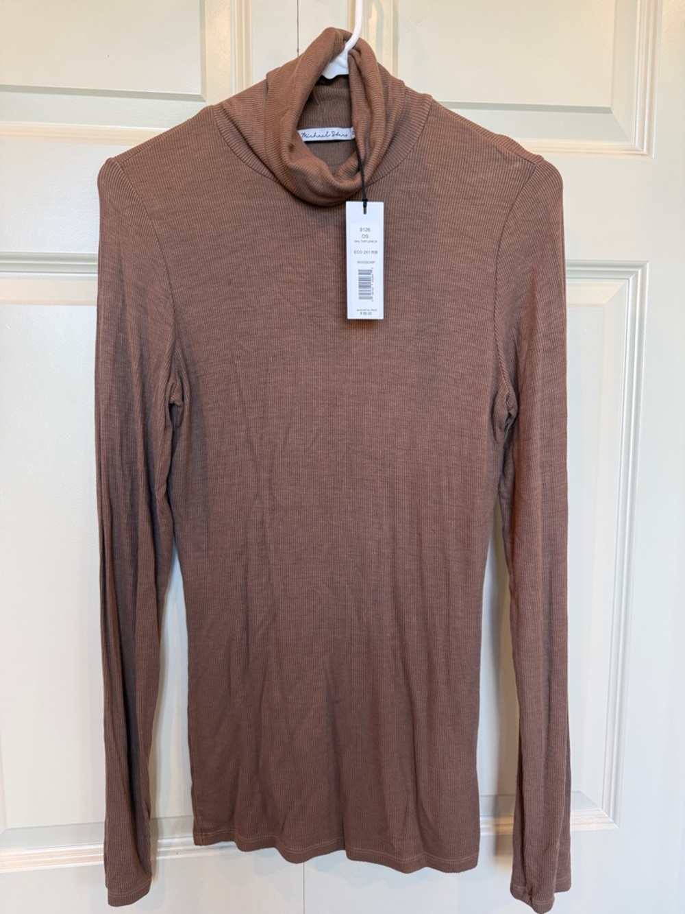 Michael Stars Ribbed Gail Turtleneck Long Sleeve Top woodchip brown color